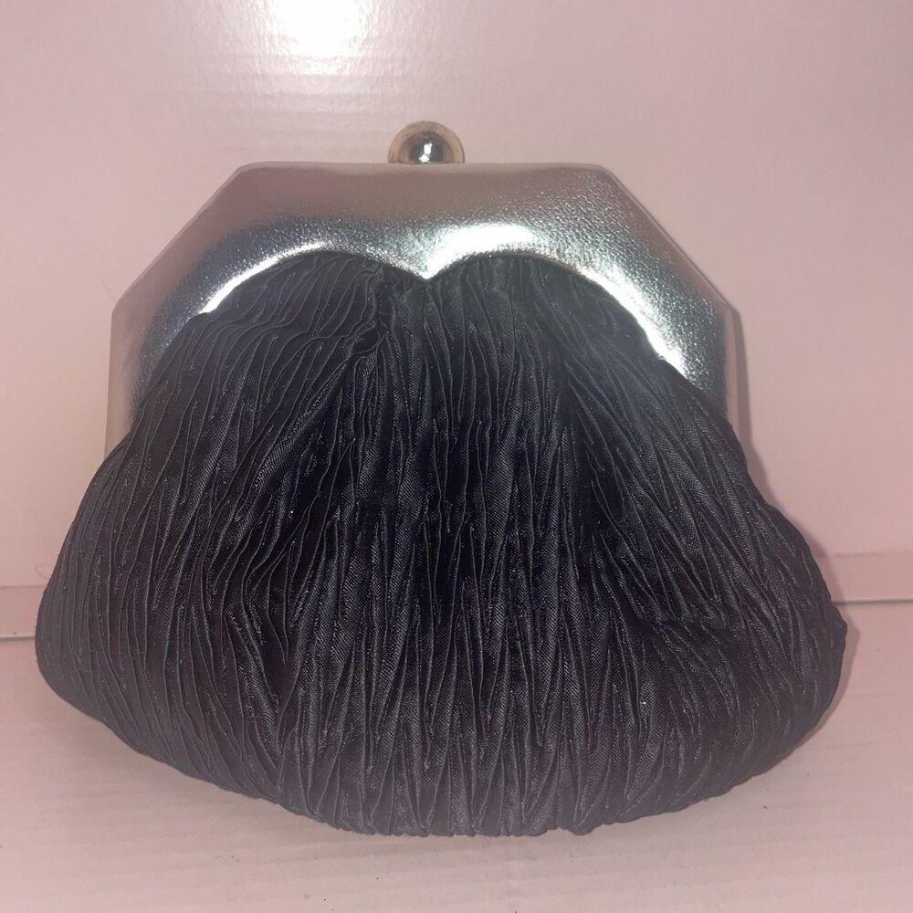Vtg La Regale Black Pleated Satin Mini Frame Bag Handbag Chain Formal Clutch